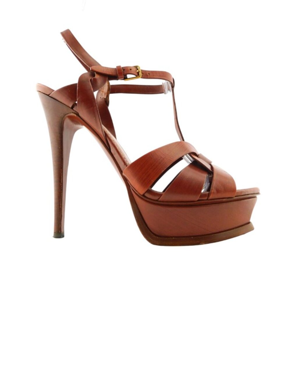 YSL Yves Saint Laurent Cognac Brown Tribute Leather Platform Heels Sandals 39.5